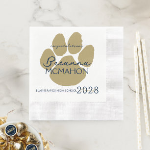 Elegant Navy Blue & Gold Graduation Pawprint Paper Napkins