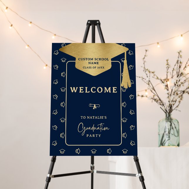 Elegant Navy Blue Gold Graduation Welcome Sign (In Situ (Stand))
