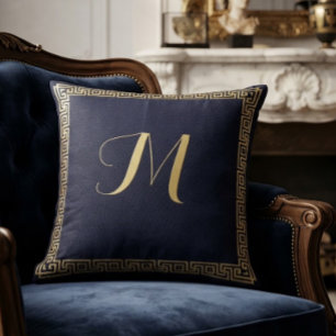 Elegant Navy Blue & Gold Greek Key Monogram Custom Throw Pillow