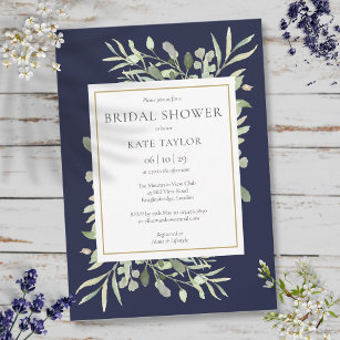 Elegant Navy Blue Gold Greenery Bridal Shower Invitation