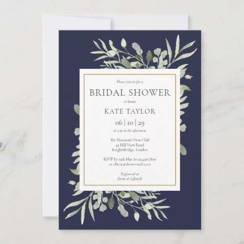 Elegant Navy Blue Gold Greenery Bridal Shower Invitation - Featuring delicate watercolor greenery leaves on a navy blue background, this chic bridal shower invitation can be personalized with your special bridal shower information. Designed by Thisisnotme©