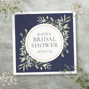 Elegant Navy Blue Gold Greenery Bridal Shower Napkins