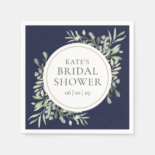 Elegant Navy Blue Gold Greenery Bridal Shower Napkins - Featuring delicate watercolor greenery leaves on a navy blue background, this chic botanical bridal shower napkin can be personalized with your special bridal shower information. Designed by Thisisnotme©