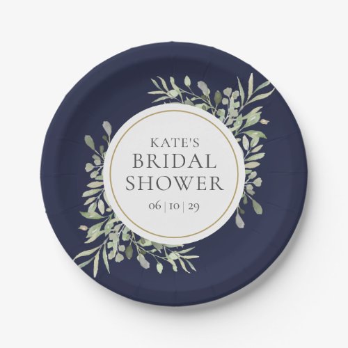 Elegant Navy Blue Gold Greenery Bridal Shower Paper Plates - Featuring delicate watercolor greenery leaves on a navy blue background, these chic botanical bridal shower paper plates can be personalized with your special bridal shower information. Designed by Thisisnotme©