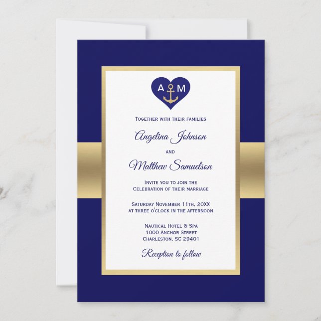 Elegant Navy Blue Gold Heart Nautical Wedding Invitation (Front)