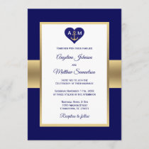 Elegant Navy Blue Gold Heart Nautical Wedding Invitation