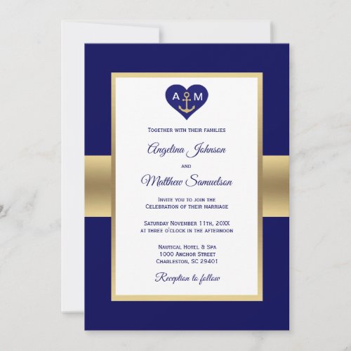 Elegant Navy Blue Gold Heart Nautical Wedding Invitation