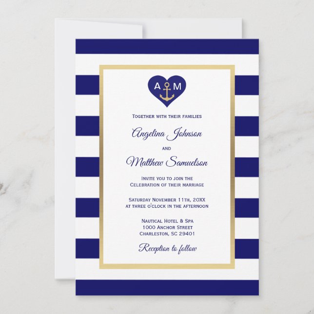 Elegant Navy Blue Gold Heart Nautical Wedding Invitation (Front)