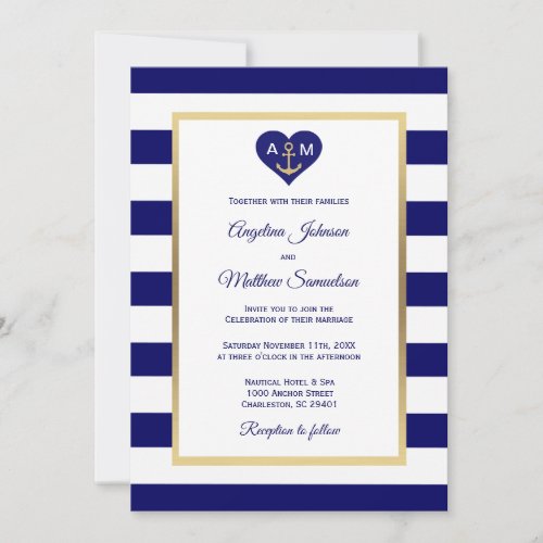 Elegant Navy Blue Gold Heart Nautical Wedding Invitation