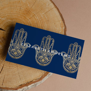 Elegant navy blue gold henna hamsa hand of Fatima Business Card