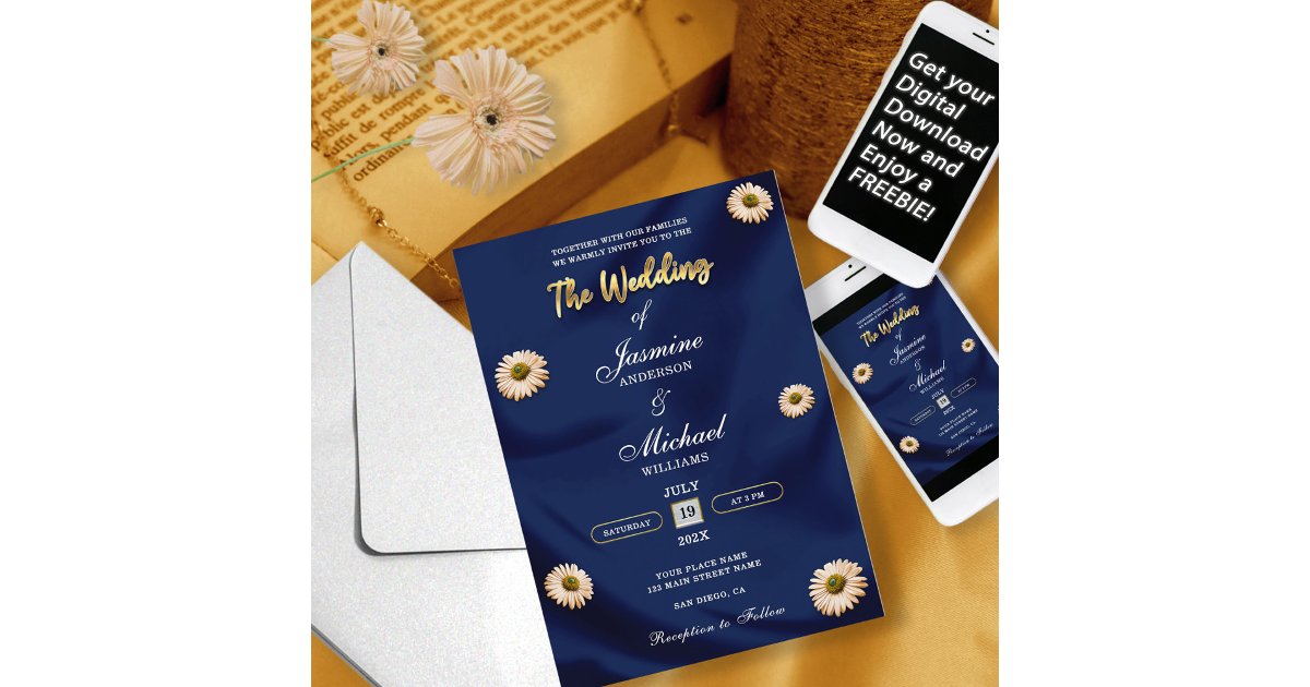 Elegant Navy Blue Gold Ivory Beige Floral Wedding Invitation | Zazzle