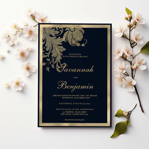 Elegant navy blue gold lace floral wedding invitation