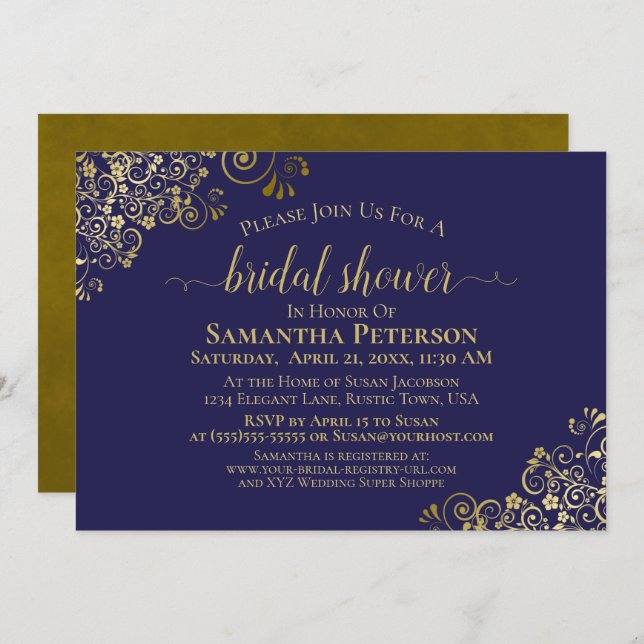Elegant Navy Blue & Gold Lace Frills Bridal Shower Invitation (Front/Back)