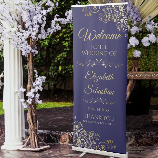 Elegant Navy Blue & Gold Lacy Wedding Welcome Retractable Banner (Creator Uploaded)