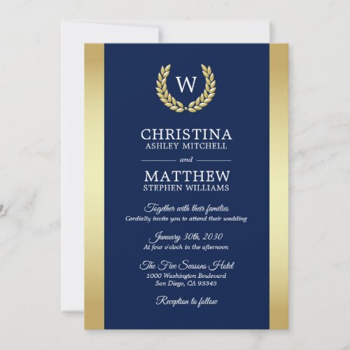 Elegant Navy Blue Gold Laurel Monogram Wedding Invitation