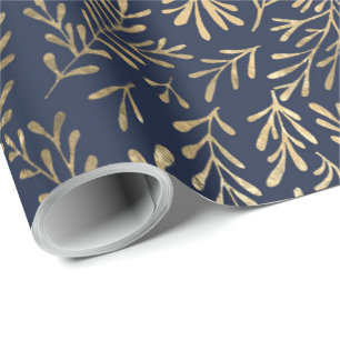 Elegant Navy Blue Gold Leaves Wrapping Paper