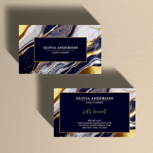 Elegant Navy Blue  Gold Liquid Marble Agate  Business Card