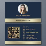 Elegant Navy Blue Gold Logo QR Code Photo Business Card