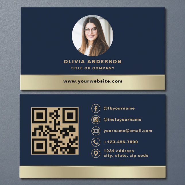 Elegant Navy Blue Gold Logo QR Code Photo Business Card (Creator Uploaded)