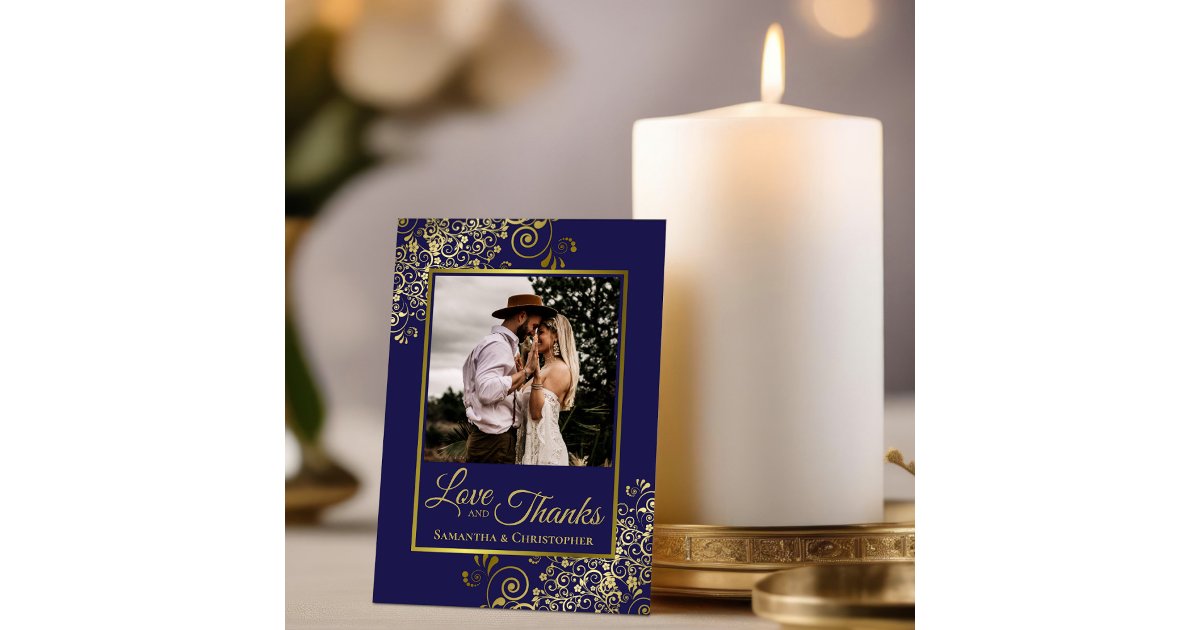 Elegant Navy Blue & Gold Love & Thanks Wedding Thank You Card | Zazzle