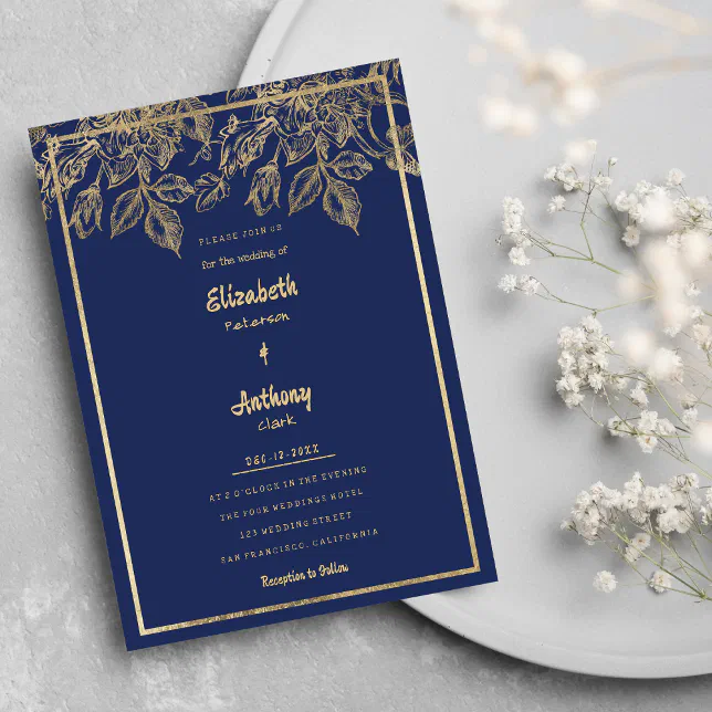 Elegant navy blue gold luxury floral Wedding Invitation | Zazzle