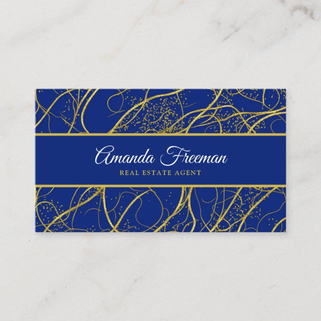 Elegant Navy Blue & Gold Luxury Real Estate Agent Business Card (Front)
