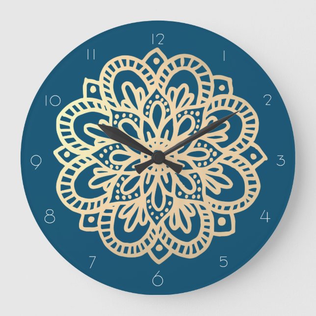 Elegant Navy Blue Gold Mandala Wall Clock (Front)