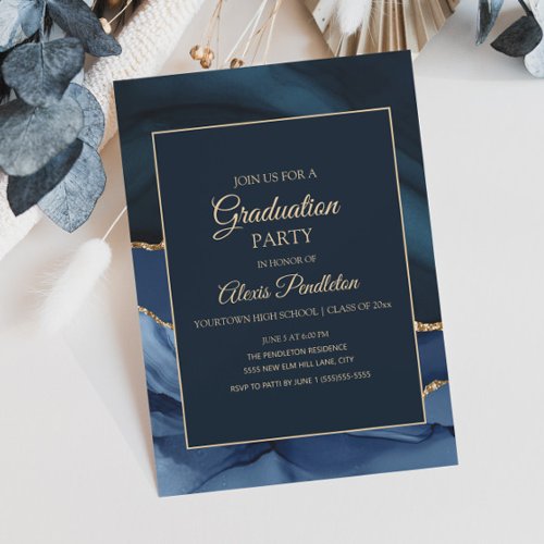 Elegant Navy Blue Gold Marble Agate Graduation Invitation