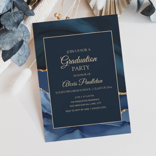 Elegant Navy Blue Gold Marble Agate Graduation Invitation (Creator Uploaded)