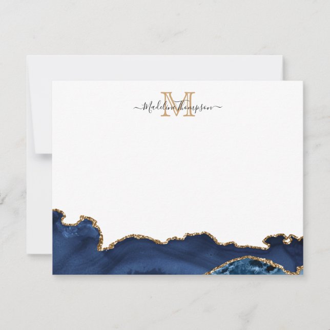 Elegant Navy Blue Gold Marble Agate Monogram Note Card (Front)