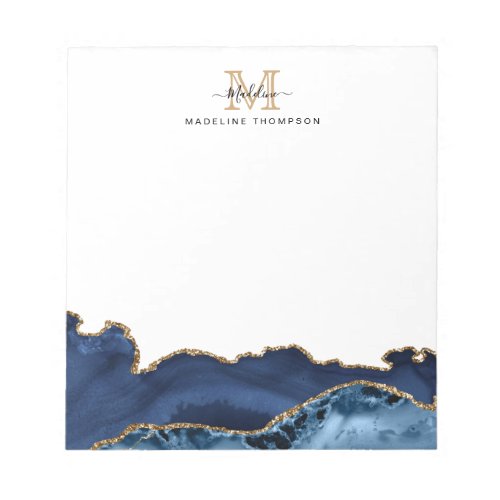Elegant Navy Blue Gold Marble Agate Monogram Notepad