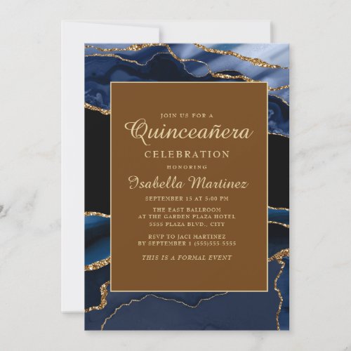 Elegant Navy Blue Gold Marble Agate Quinceaera Invitation