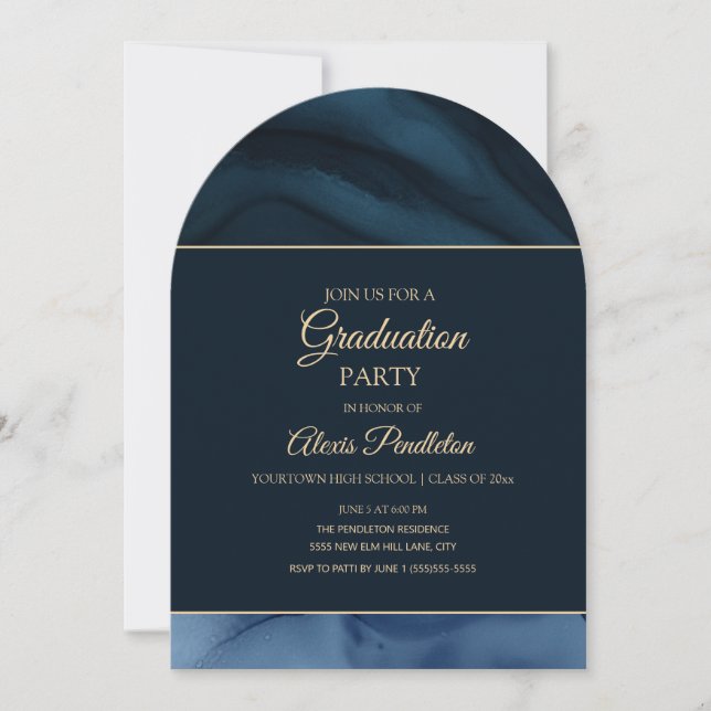 Elegant Navy Blue Gold Marble Arch Graduation Invitation (Front)