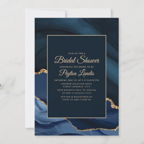 Elegant Navy Blue Gold Marble Bridal Shower Invitation