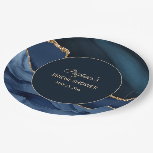 Elegant Navy Blue Gold Marble Bridal Shower Paper Plates