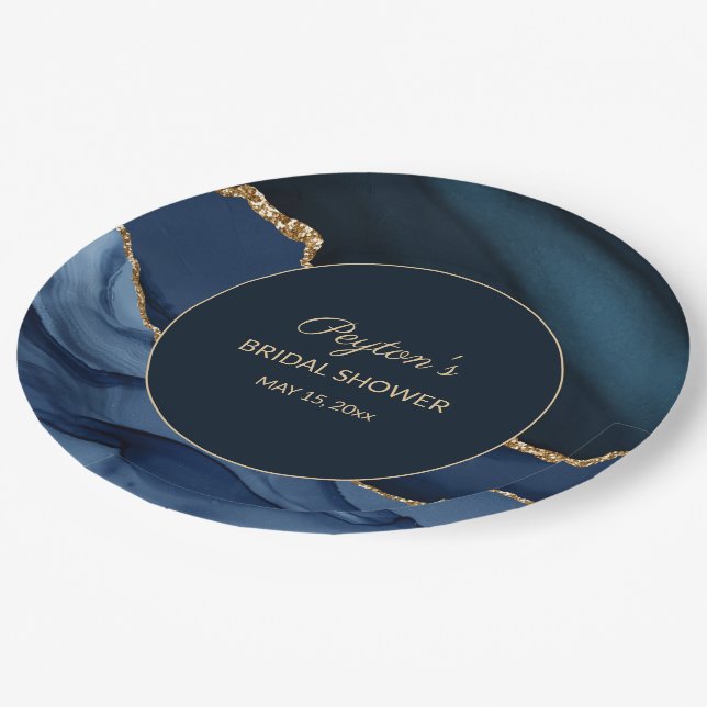 Elegant Navy Blue Gold Marble Bridal Shower Paper Plates (Angled)