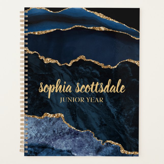 Elegant Navy Blue Gold Marble Junior Year  Planner (Front)