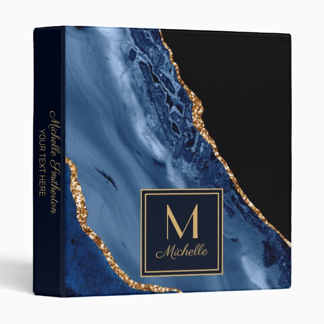 Elegant Navy Blue Gold Marble Monogram  3 Ring Binder (Front/Spine)