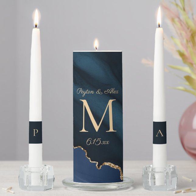 Elegant Navy Blue Gold Marble Wedding Unity Candle Set (In Situ)