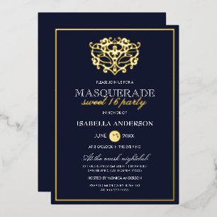 Elegant Navy Blue & Gold Masquerade Sweet 16 Party Foil Invitation