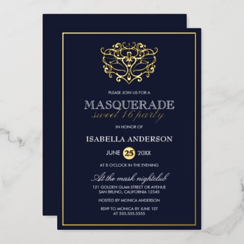 Elegant Navy Blue  Gold Masquerade Sweet 16 Party Foil Invitation