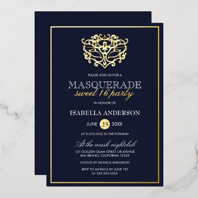 Elegant Navy Blue & Gold Masquerade Sweet 16 Party Foil Invitation (Front/Back)