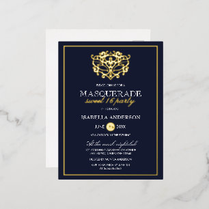 Elegant Navy Blue & Gold Masquerade Sweet 16 Party Foil Invitation Postcard