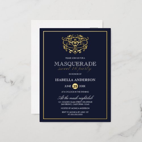 Elegant Navy Blue  Gold Masquerade Sweet 16 Party Foil Invitation Postcard