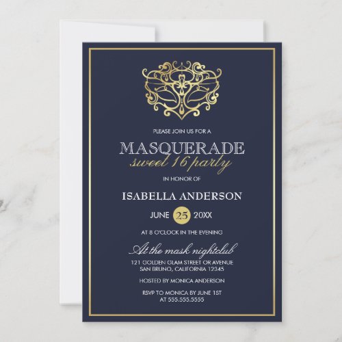 Elegant Navy Blue  Gold Masquerade Sweet 16 Party Invitation