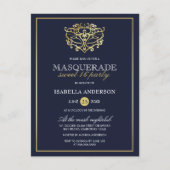 Elegant Navy Blue & Gold Masquerade Sweet 16 Party Invitation Postcard (Front)