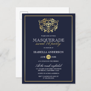Elegant Navy Blue & Gold Masquerade Sweet 16 Party Invitation Postcard