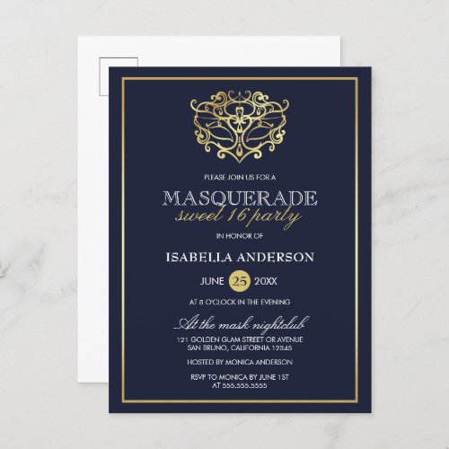 Elegant Navy Blue  Gold Masquerade Sweet 16 Party Invitation Postcard