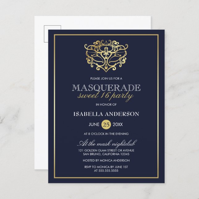 Elegant Navy Blue & Gold Masquerade Sweet 16 Party Invitation Postcard (Front/Back)