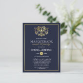 Elegant Navy Blue & Gold Masquerade Sweet 16 Party Invitation Postcard (Standing Front)